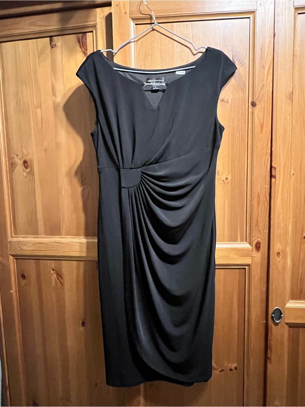 connected apparel Black Draped Midi Sheath Dress
